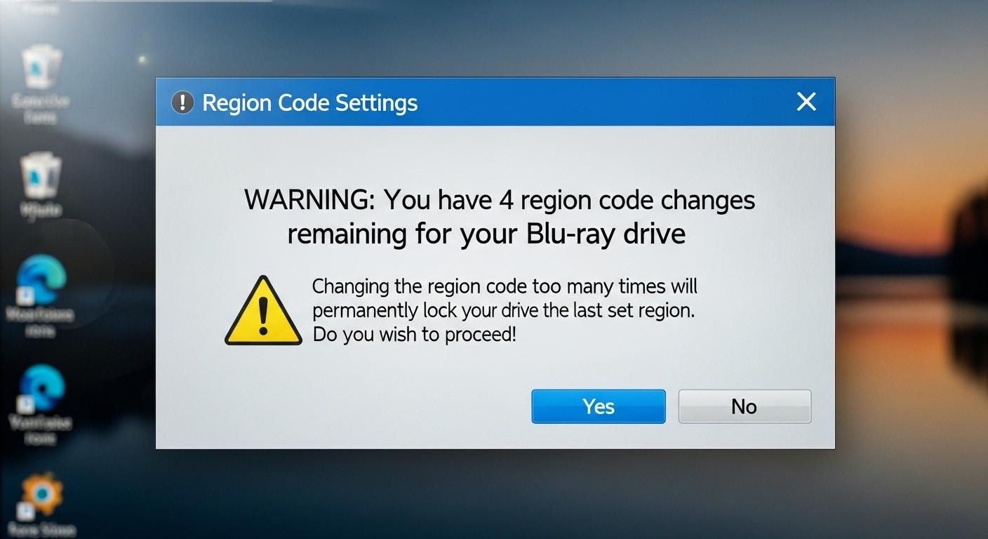 PCのブルーレイドライブのリージョンコード変更回数制限警告画面。