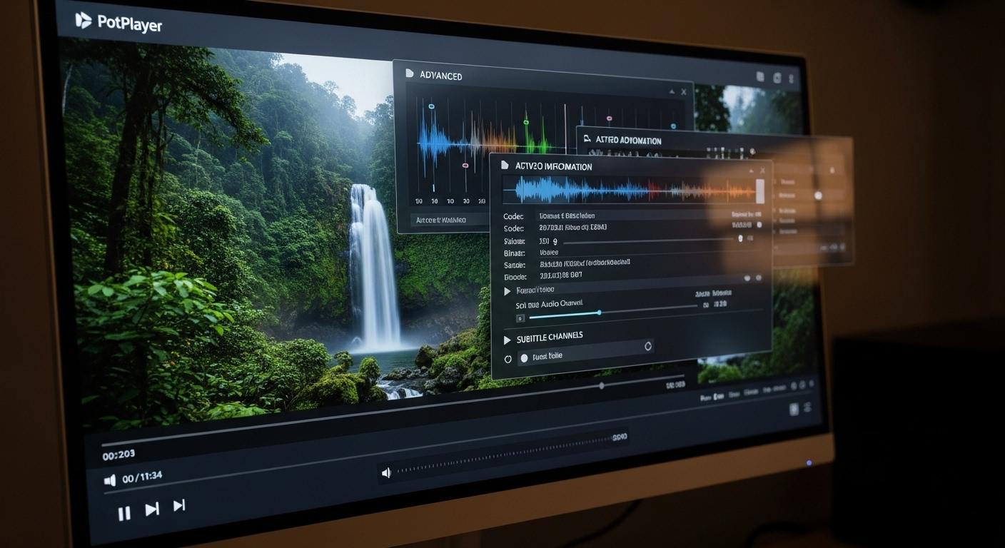 PotPlayerの動画再生画面と多機能な設定パネル。