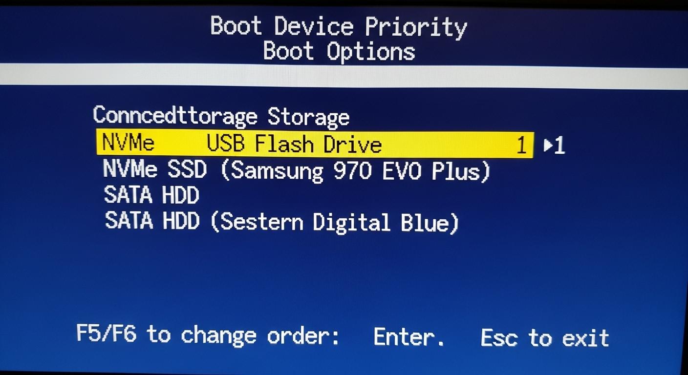 BIOSまたはUEFI起動メニューでのUSBドライブの選択。