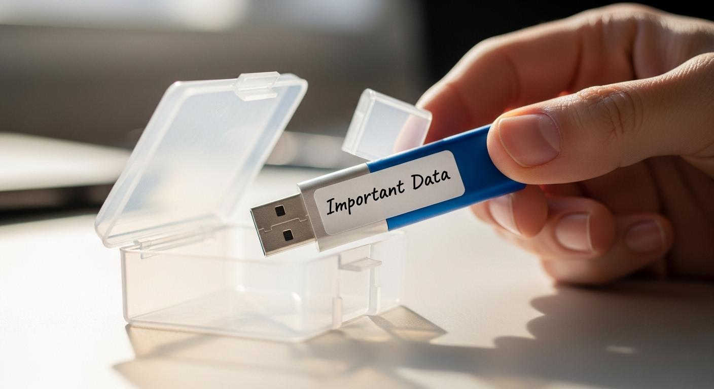 回復ドライブとして作成したUSBメモリを安全に保管している様子。