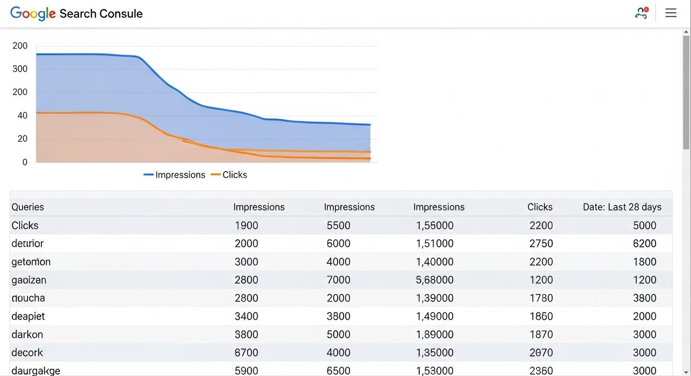 Googleサーチコンソールで表示される多数のロングテールクエリの画面。
