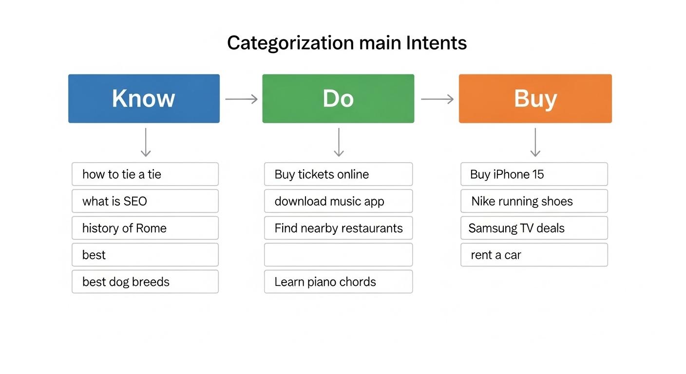 検索意図を「Know」「Do」「Buy」の3タイプに分類するフロー図。