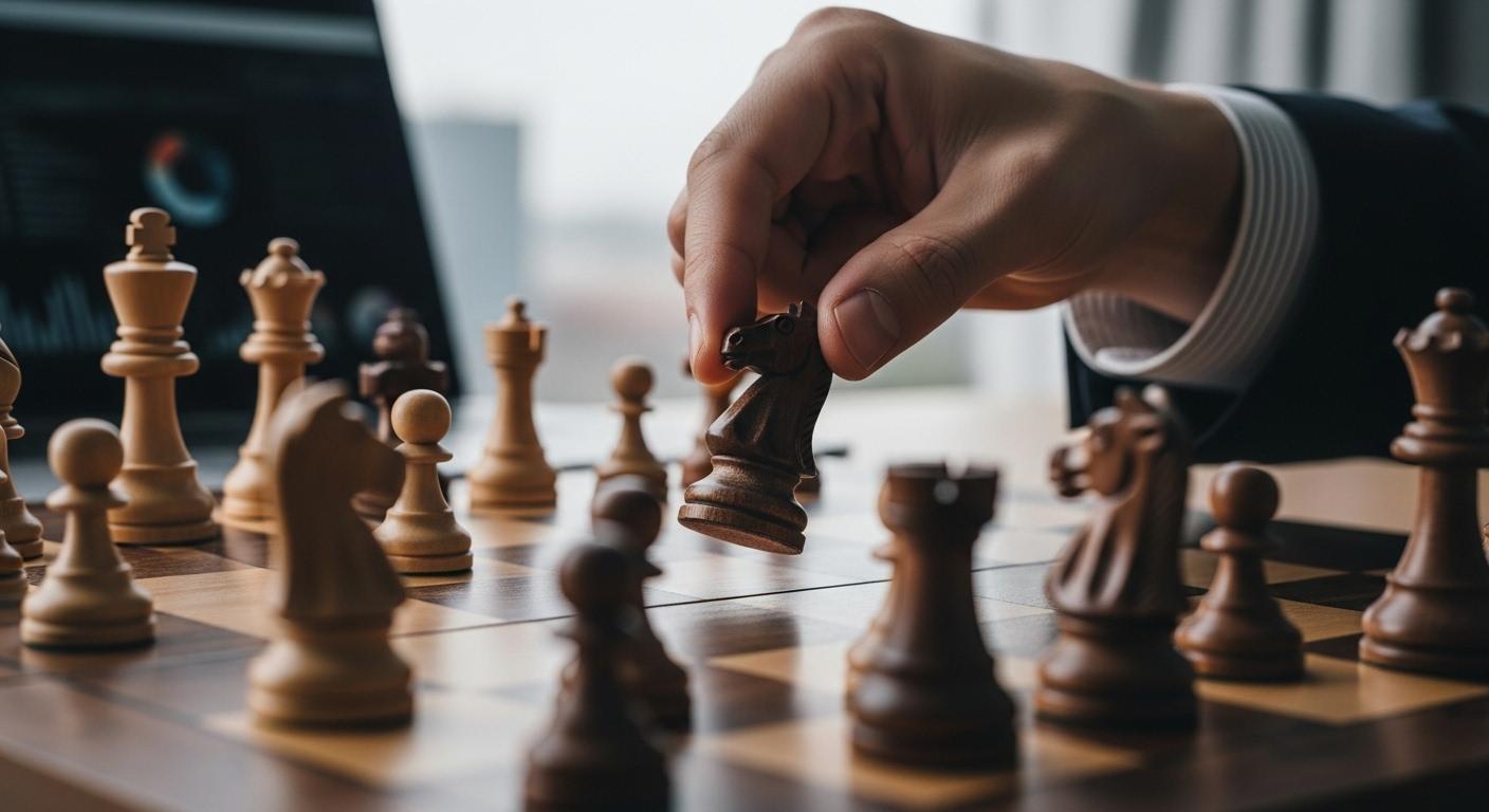 チェスの駒を動かし戦略的思考を示す人物。