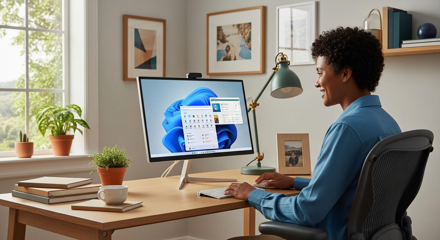 Windows 11のPCで快適に作業している笑顔のユーザー。