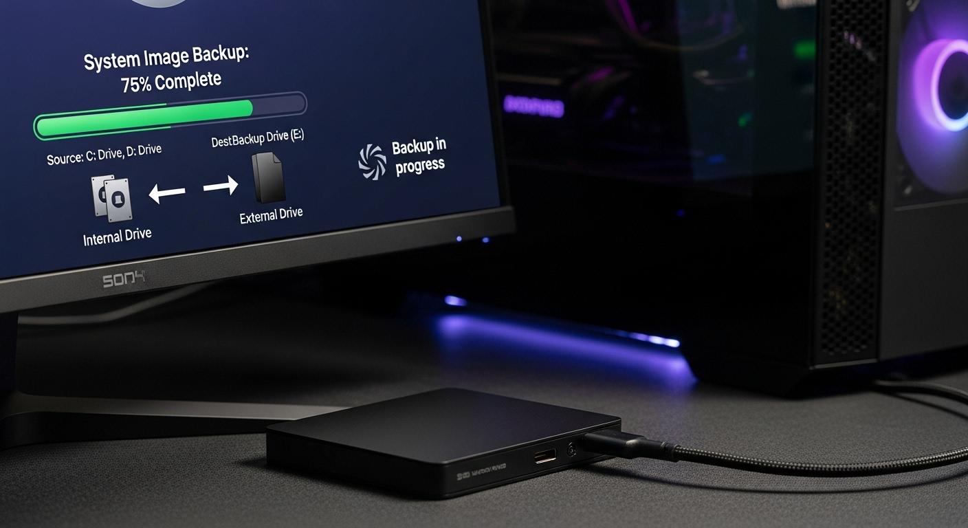 システムイメージのバックアップを行っている外付けハードディスク。