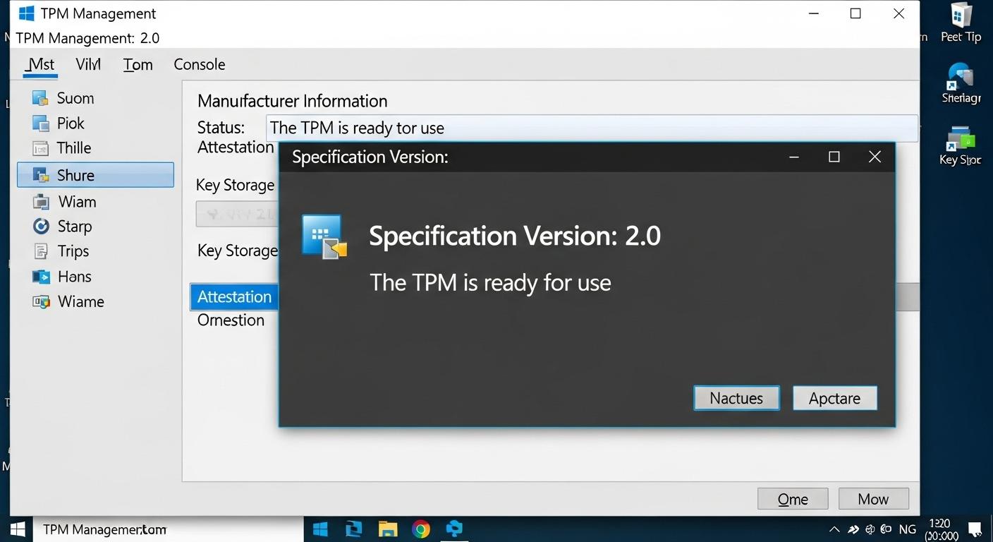TPM管理コンソール画面でTPMの仕様バージョンが2.0と表示されている。