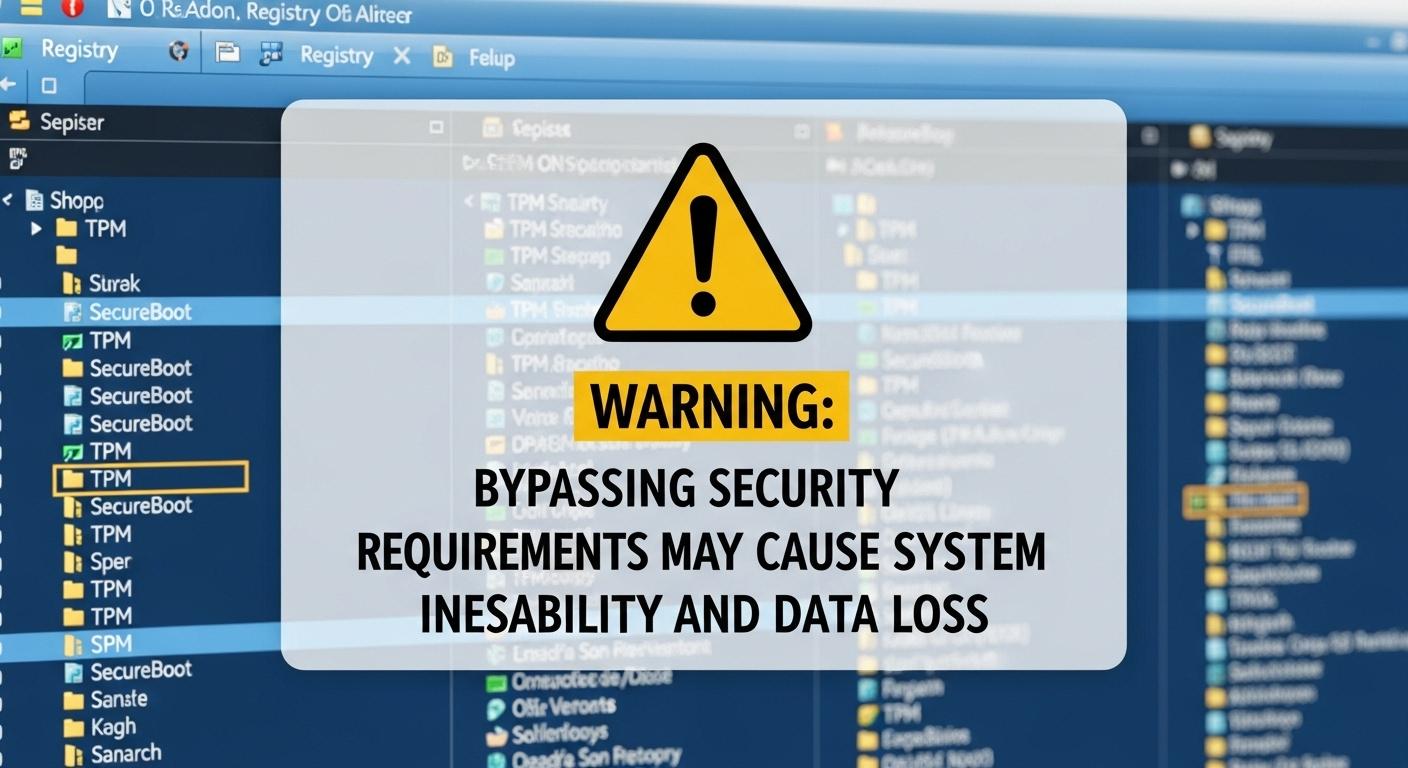 TPM要件を回避することの危険性を示す警告マーク。