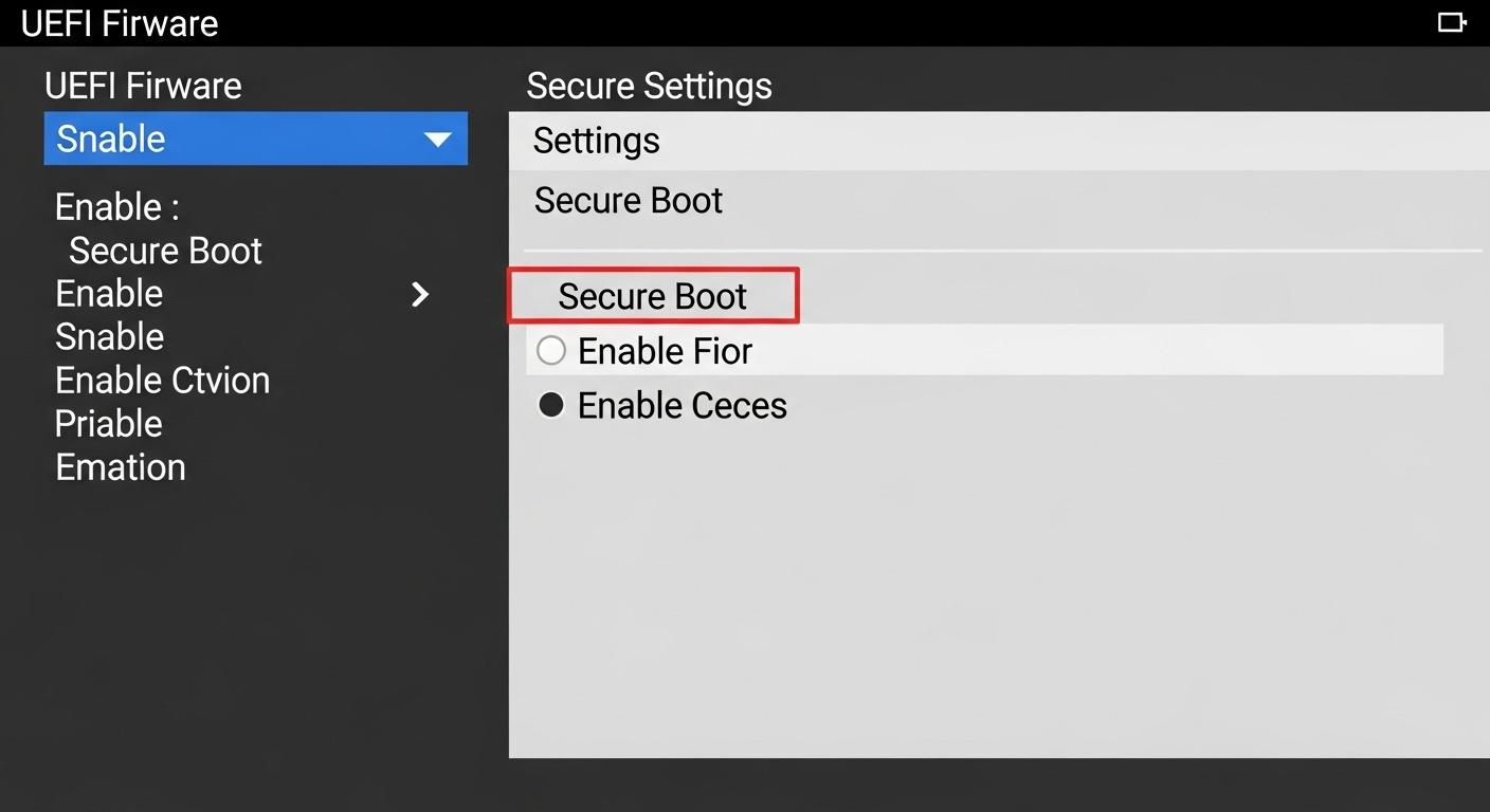 BIOS/UEFI設定画面でセキュアブートを有効にするオプション。