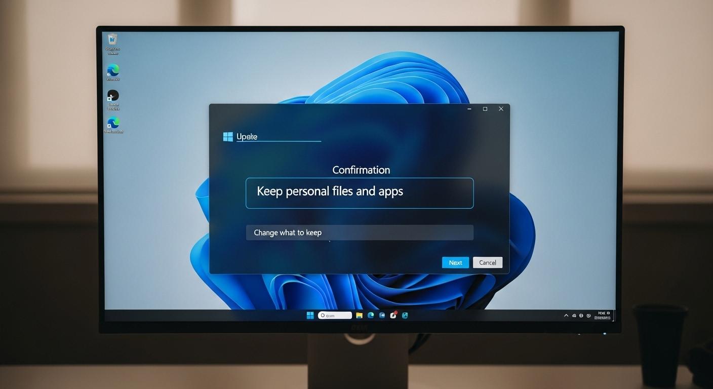 Windows 11アップグレード画面で個人ファイルとアプリが保持されることが確認されているメッセージ。
