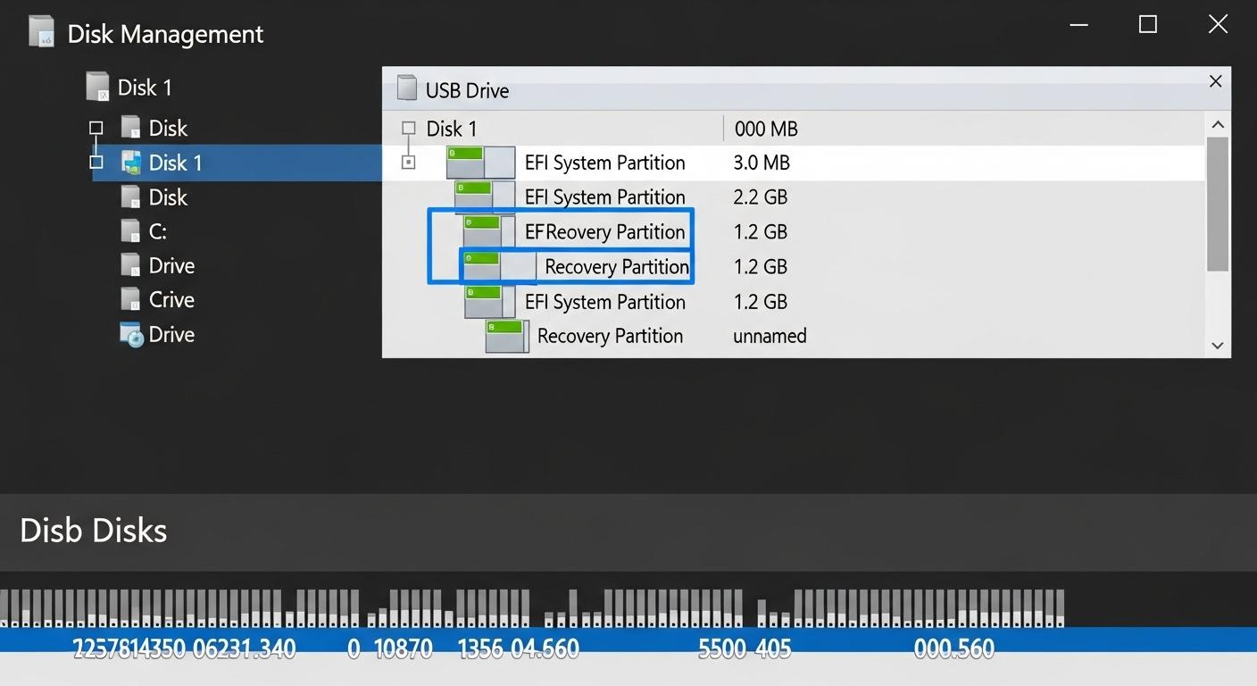 Windowsのディスクの管理画面でUSBドライブのパーティションを操作する様子。