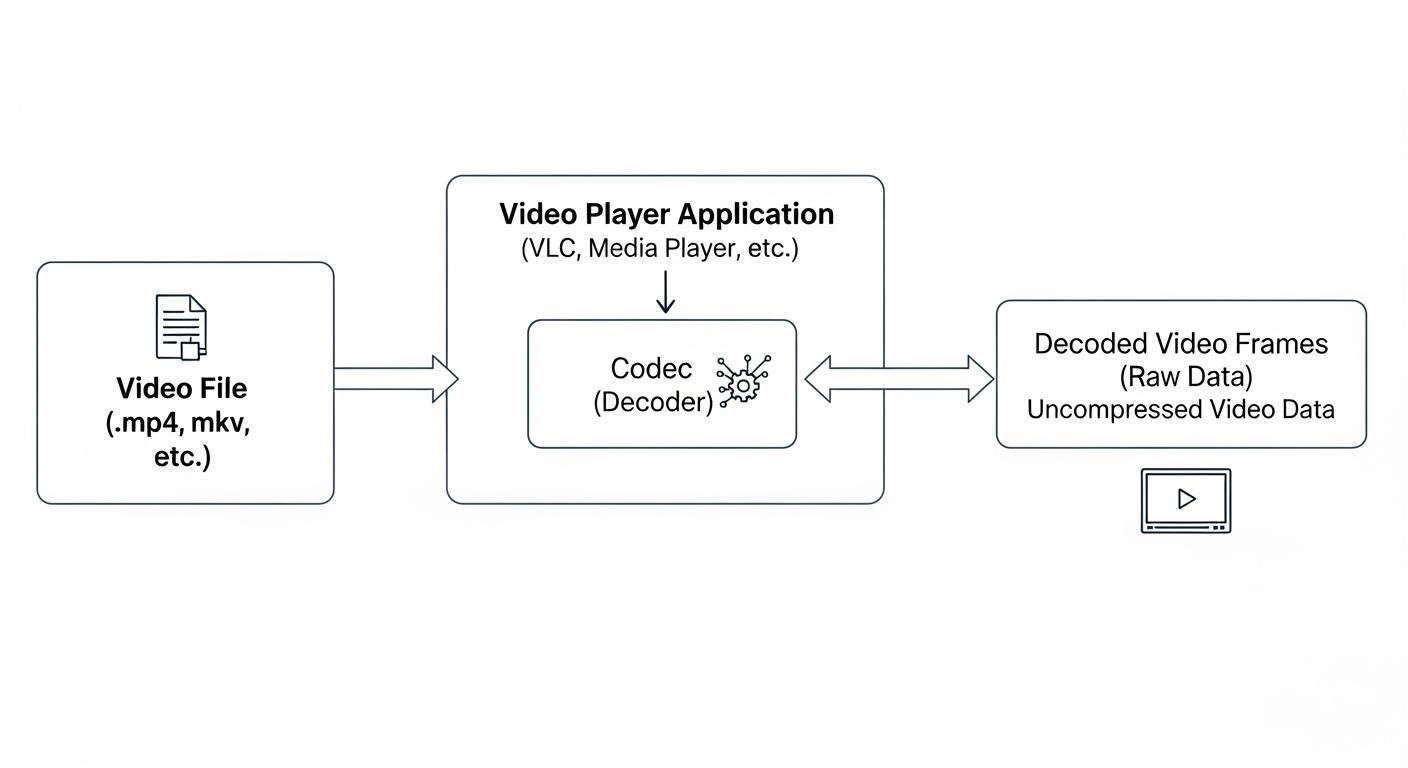 動画ファイルとコーデックと動画プレイヤーの関係図。