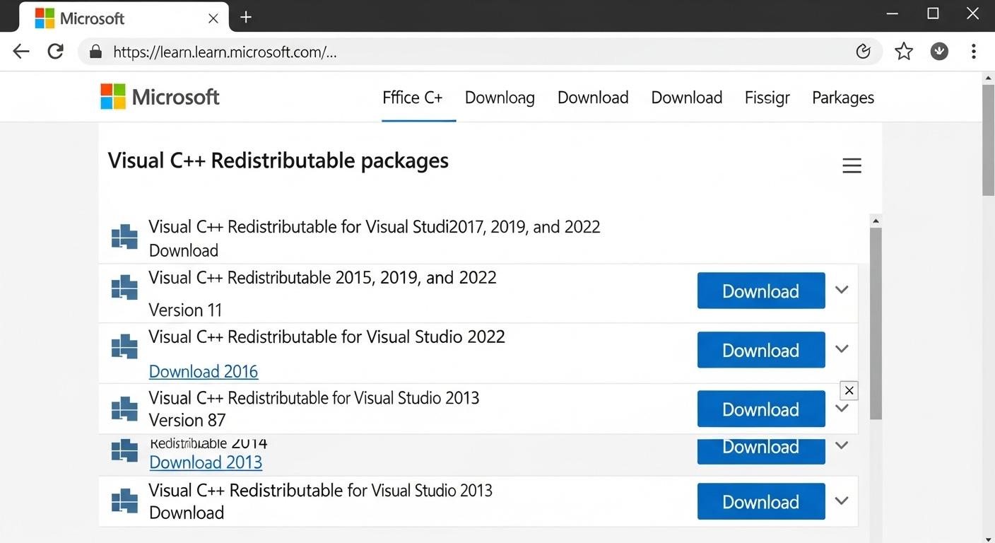 Microsoft公式サイトのVisual C++再頒布可能パッケージのダウンロード画面。