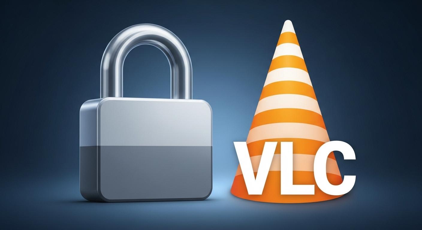 セキュリティロックのアイコンとVLCのようなオープンソースソフトのロゴ。