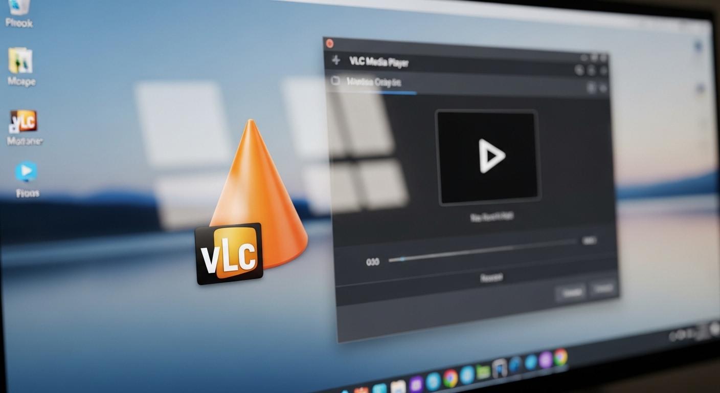 VLC media playerのオレンジのコーンアイコンと動画再生画面。
