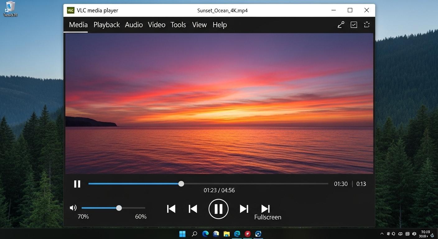VLC Media Playerの動画再生画面のインターフェース。