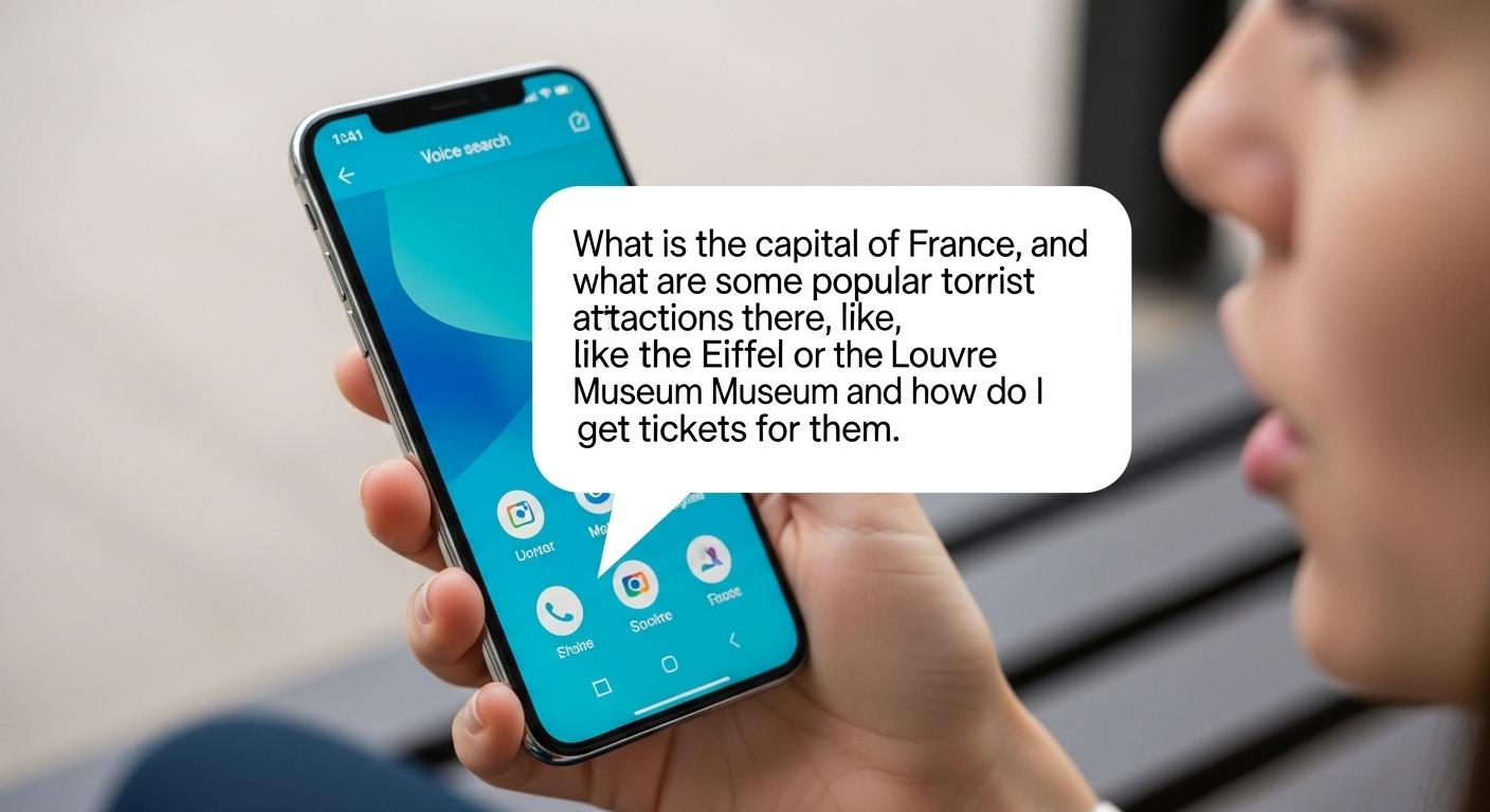 スマートフォンに長文の音声検索クエリを入力する人。