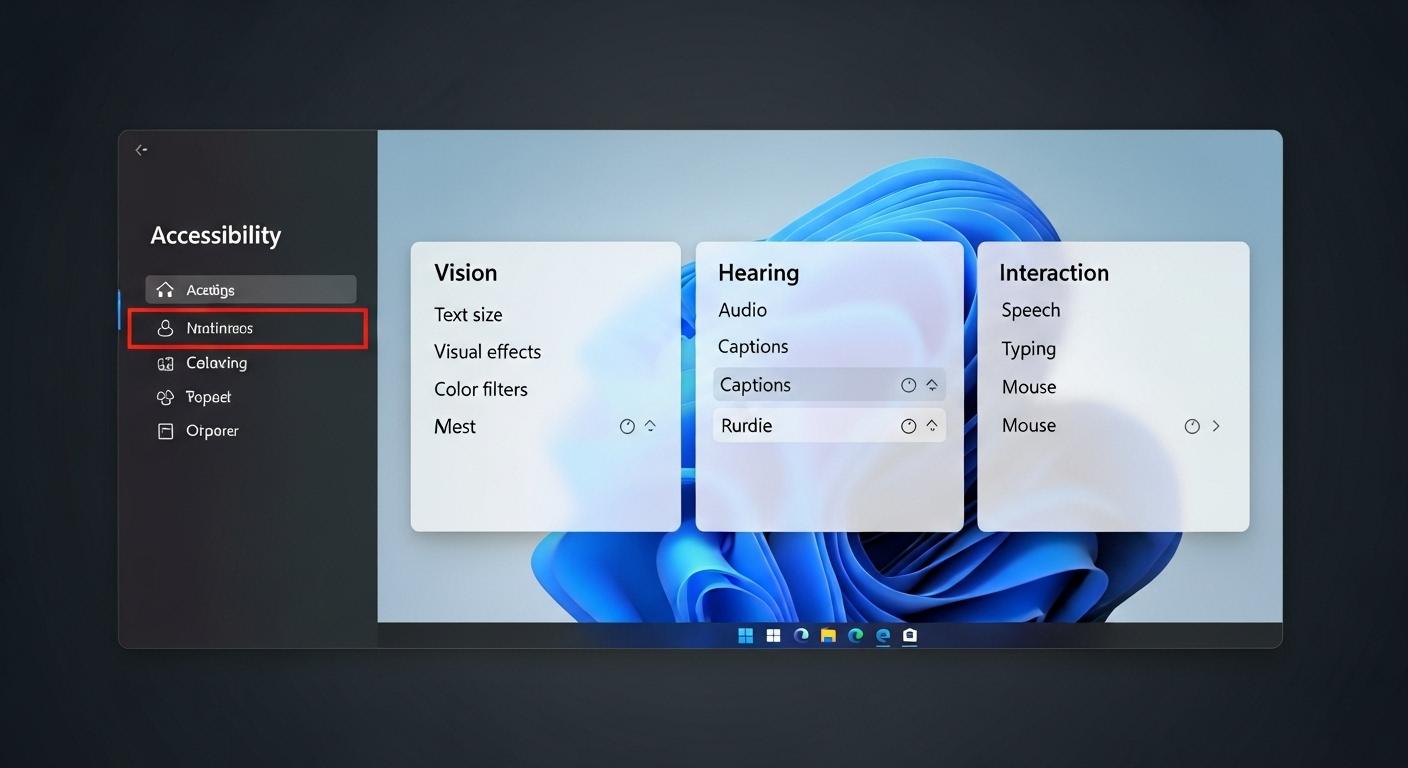 Windows 11の設定画面でアクセシビリティ設定の主要なカテゴリが表示されている様子。