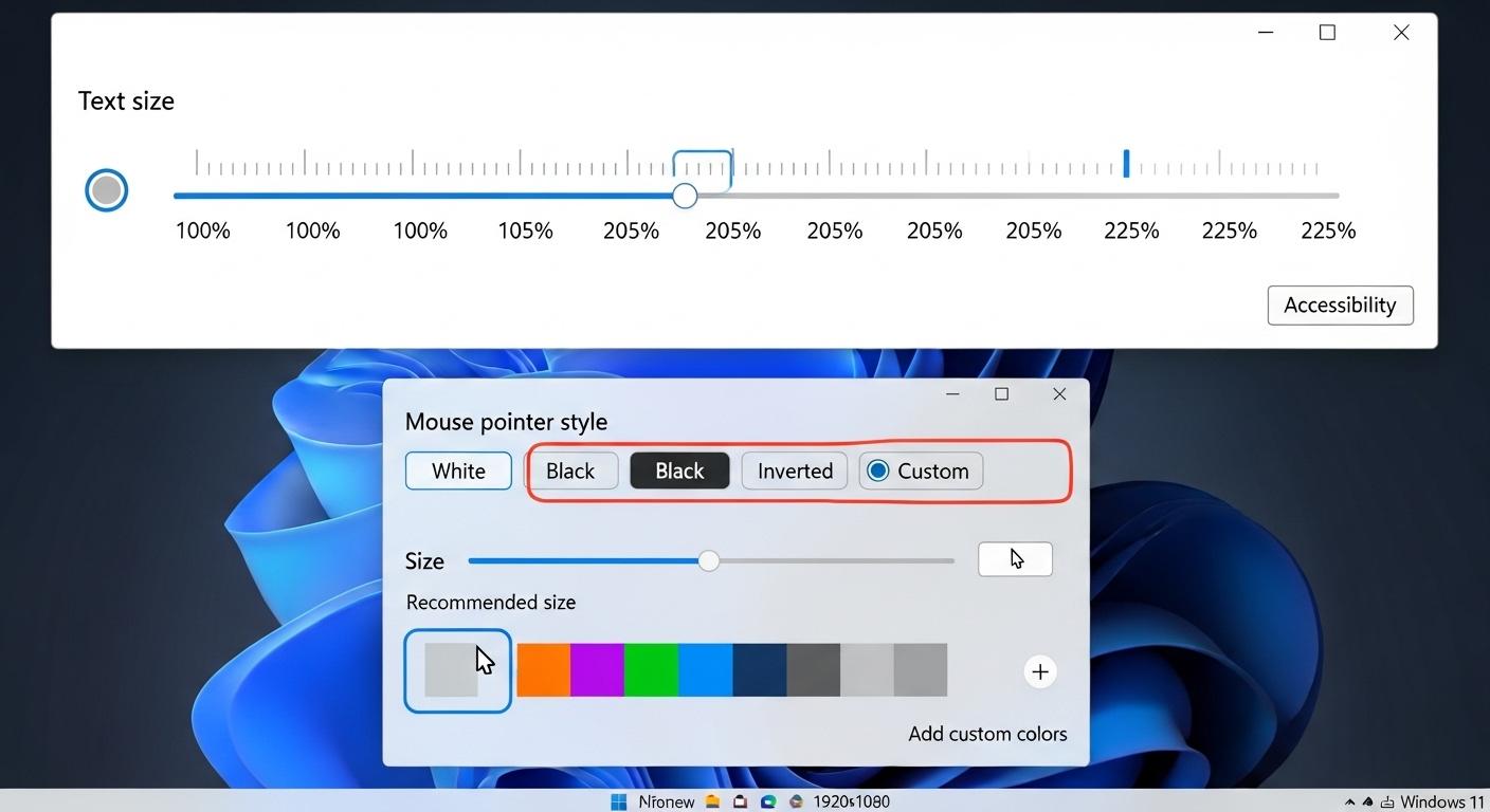 Windows 11のアクセシビリティ設定でテキストサイズとマウスポインターを調整している様子。
