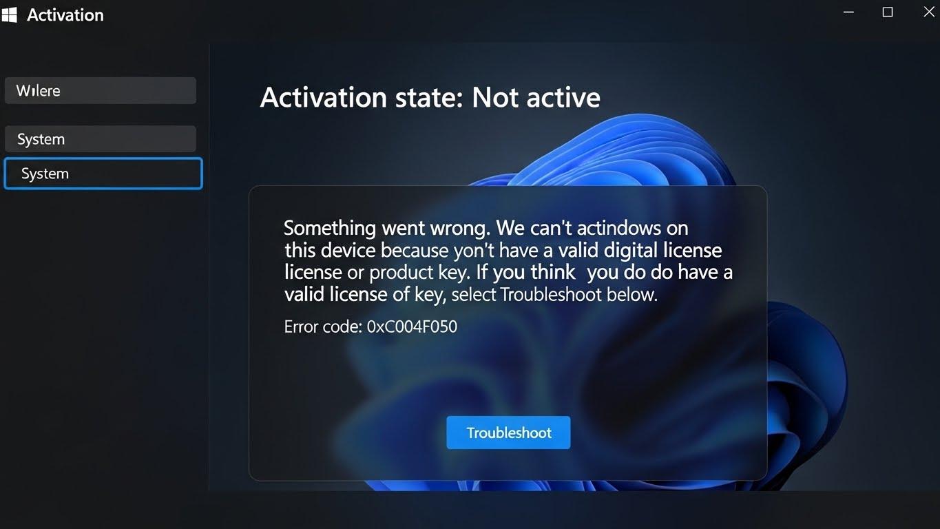 Windows 11のライセンス認証設定画面でエラーコードが表示されている様子。