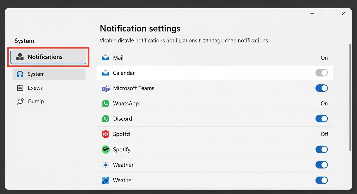 Windows 11の設定画面でアプリごとの通知のオン/オフを切り替えている様子。