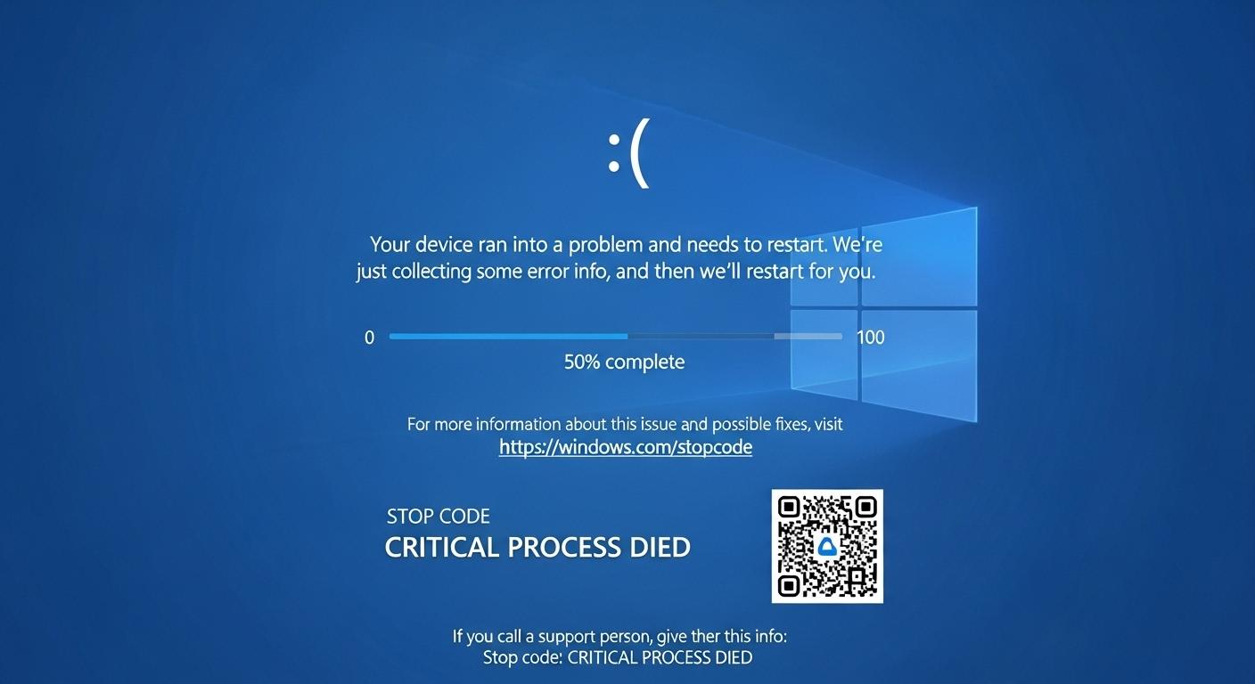Windows 11のブルースクリーン画面でエラーコードとQRコードが表示されている様子。