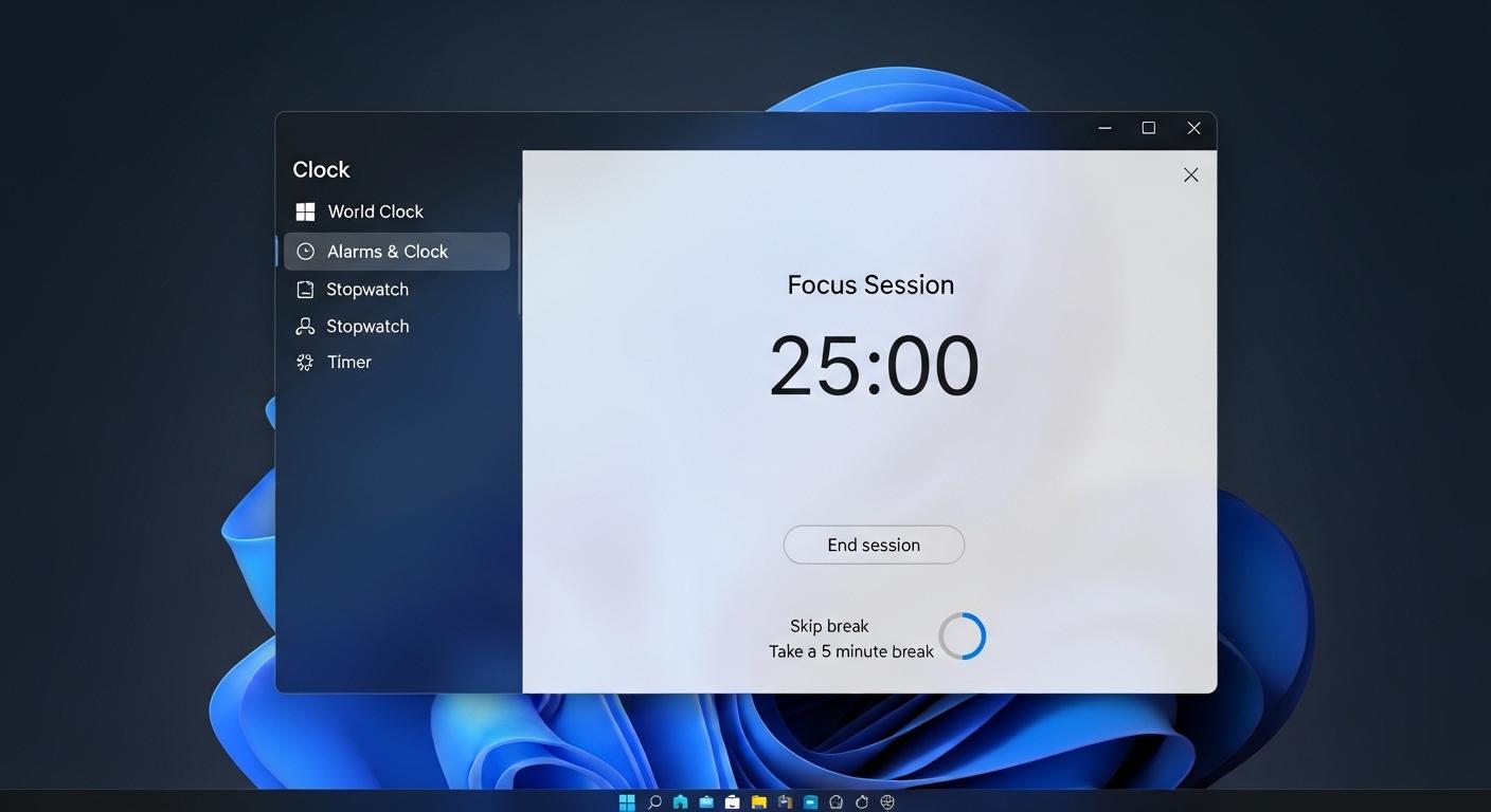 Windows 11の時計アプリで集中セッションのタイマーが動作している画面。