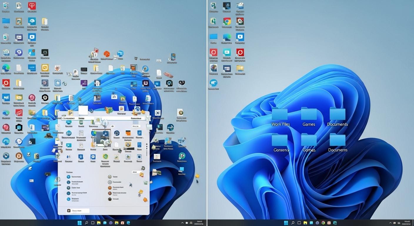 散らかったデスクトップのアイコンを分類されたフォルダーに整理している様子。