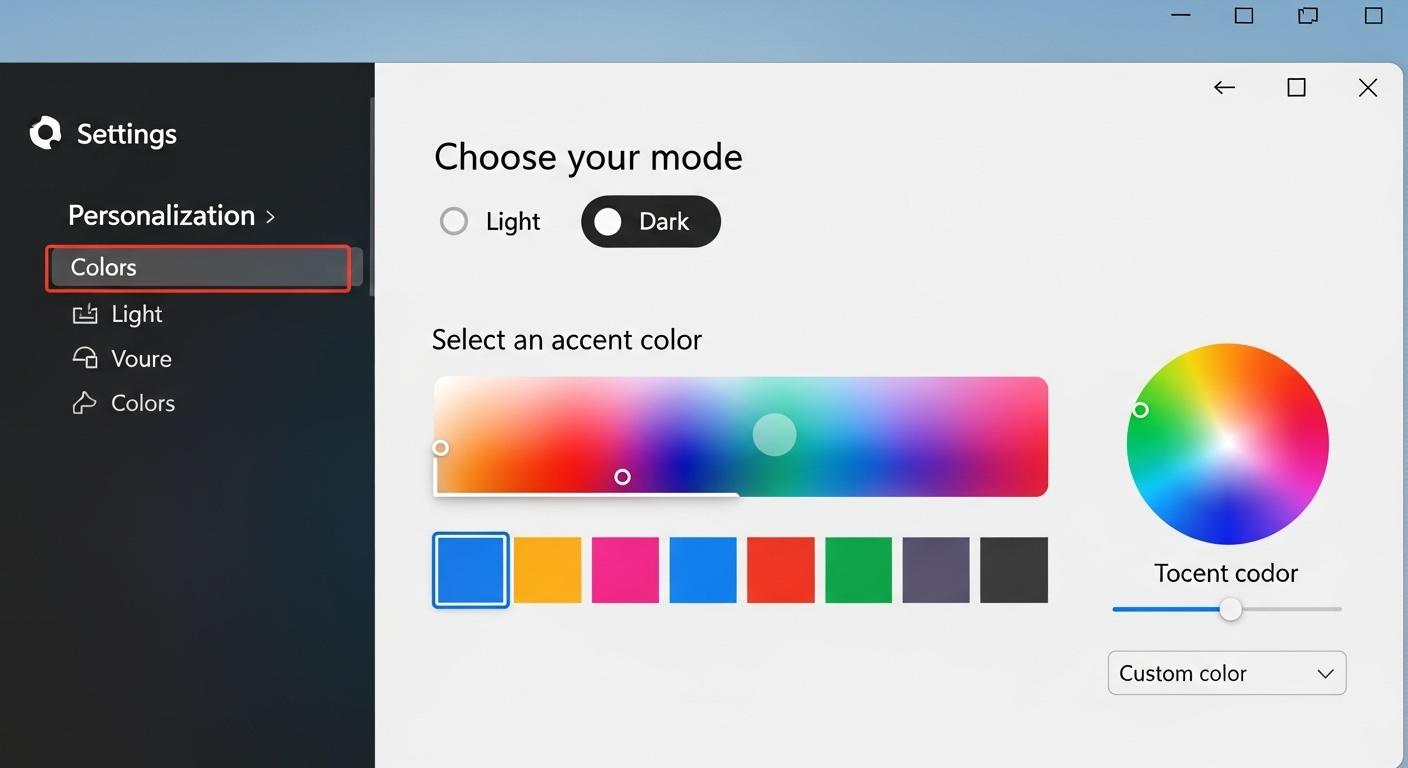 Windows 11の設定画面でダークモードとアクセントカラーを選択している様子。