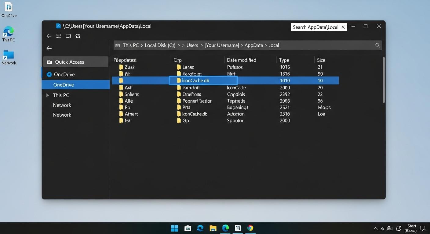 Windows 11のエクスプローラーでIconCache.dbファイルを削除する前の画面。