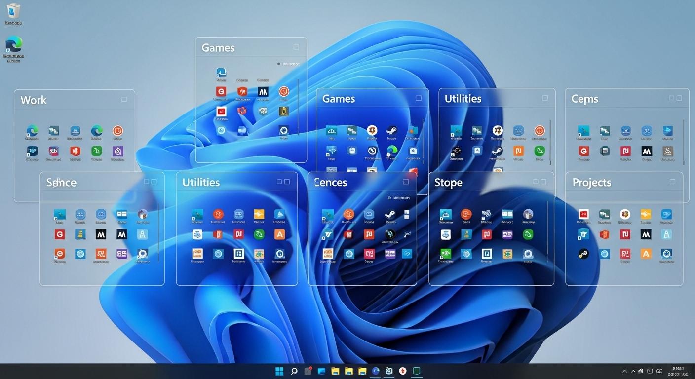 サードパーティ製アプリFencesを使ってデスクトップのアイコンをグループ化している画面。