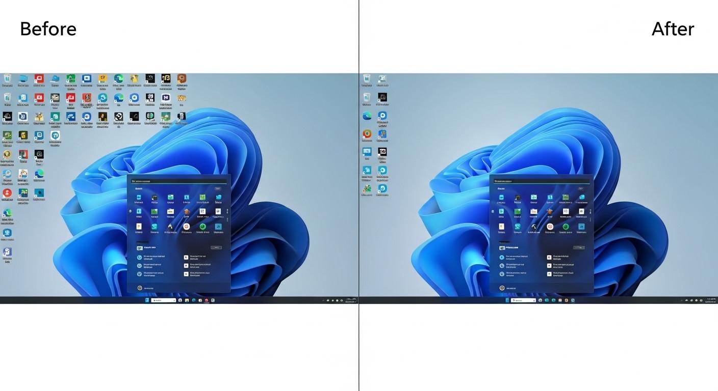 Windows 11のデスクトップアイコンが整理前と整理後で比較されている画像。