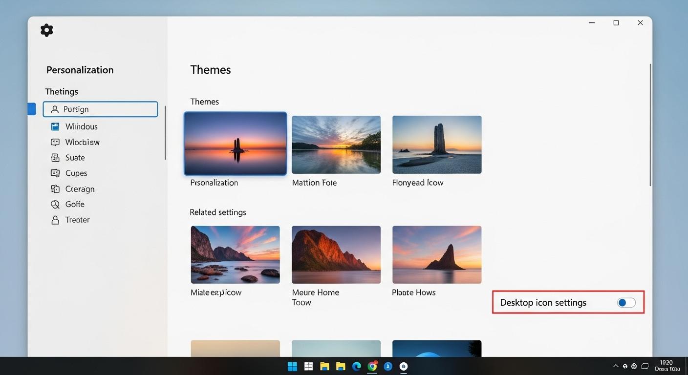 Windows 11の設定画面でデスクトップアイコンの設定画面を開くリンク。
