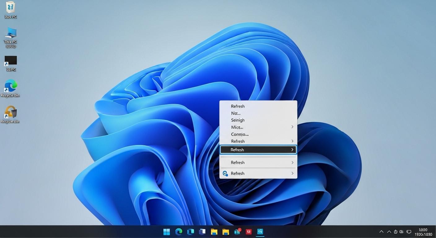 Windows 11のデスクトップで右クリックメニューの「更新」を選択している画面。