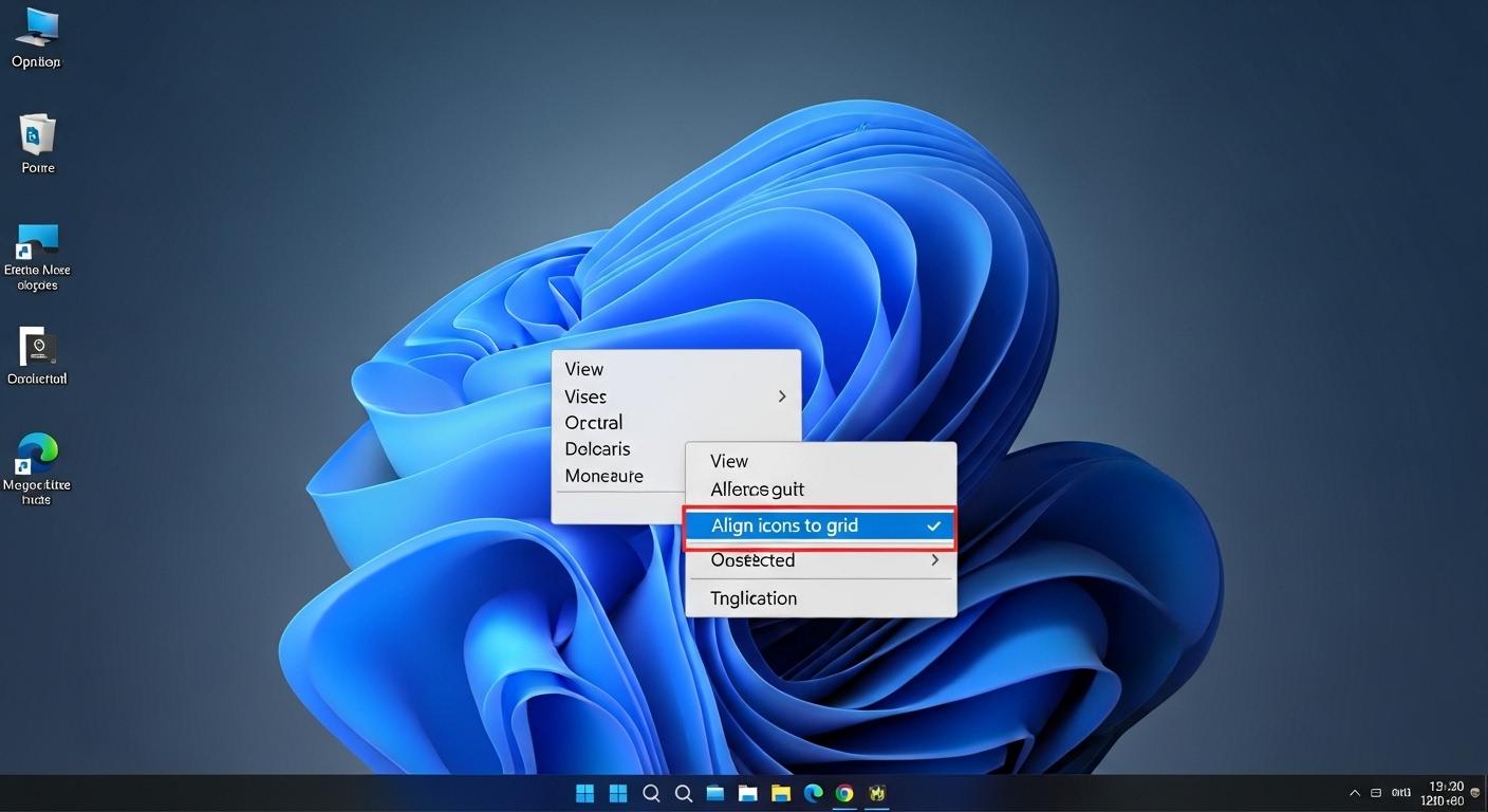 Windows 11のデスクトップで右クリックメニューの「表示」項目から「アイコンを等間隔に整列」のチェックを外す操作。