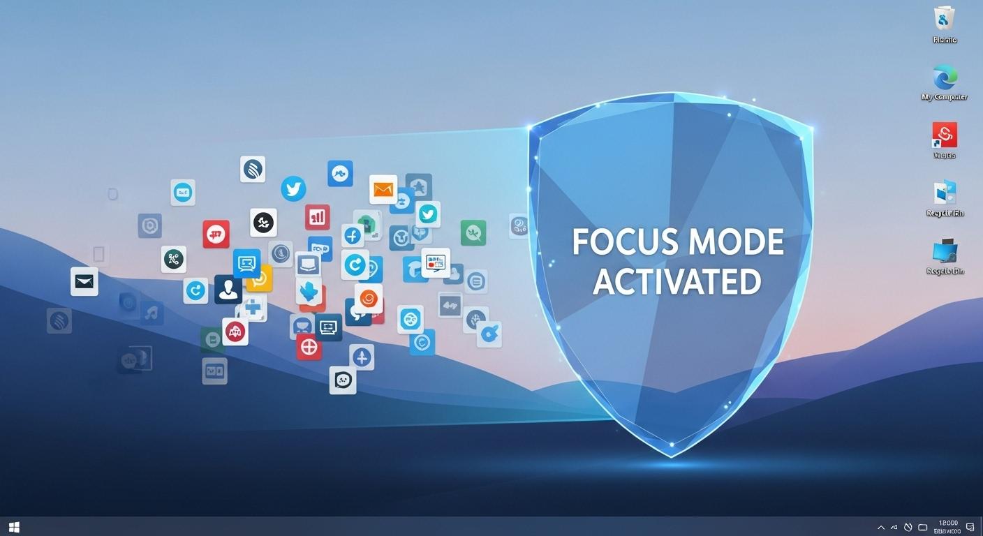 Windows 11のデスクトップ画面で、通知が抑制され、ユーザーがPCに集中しているイメージ。