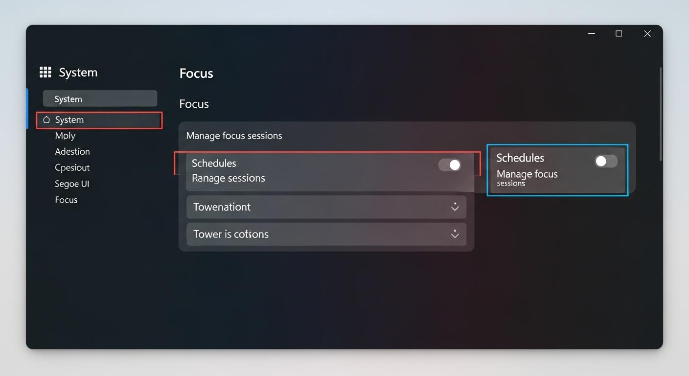 Windows 11の設定画面で集中モードのスケジュール設定を行っている様子。