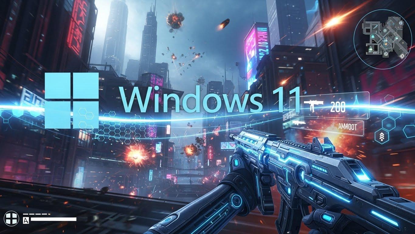 Windows 11のロゴとゲーミング要素を組み合わせた、ゲームモード設定ガイドのアイキャッチ画像。