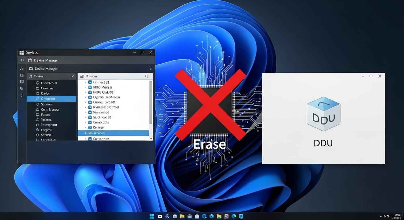 Windows 11の画面に表示されたデバイスマネージャーと、DDUツールのアイコン