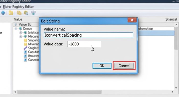 レジストリエディターでIconVerticalSpacingの値のデータを編集している画面。