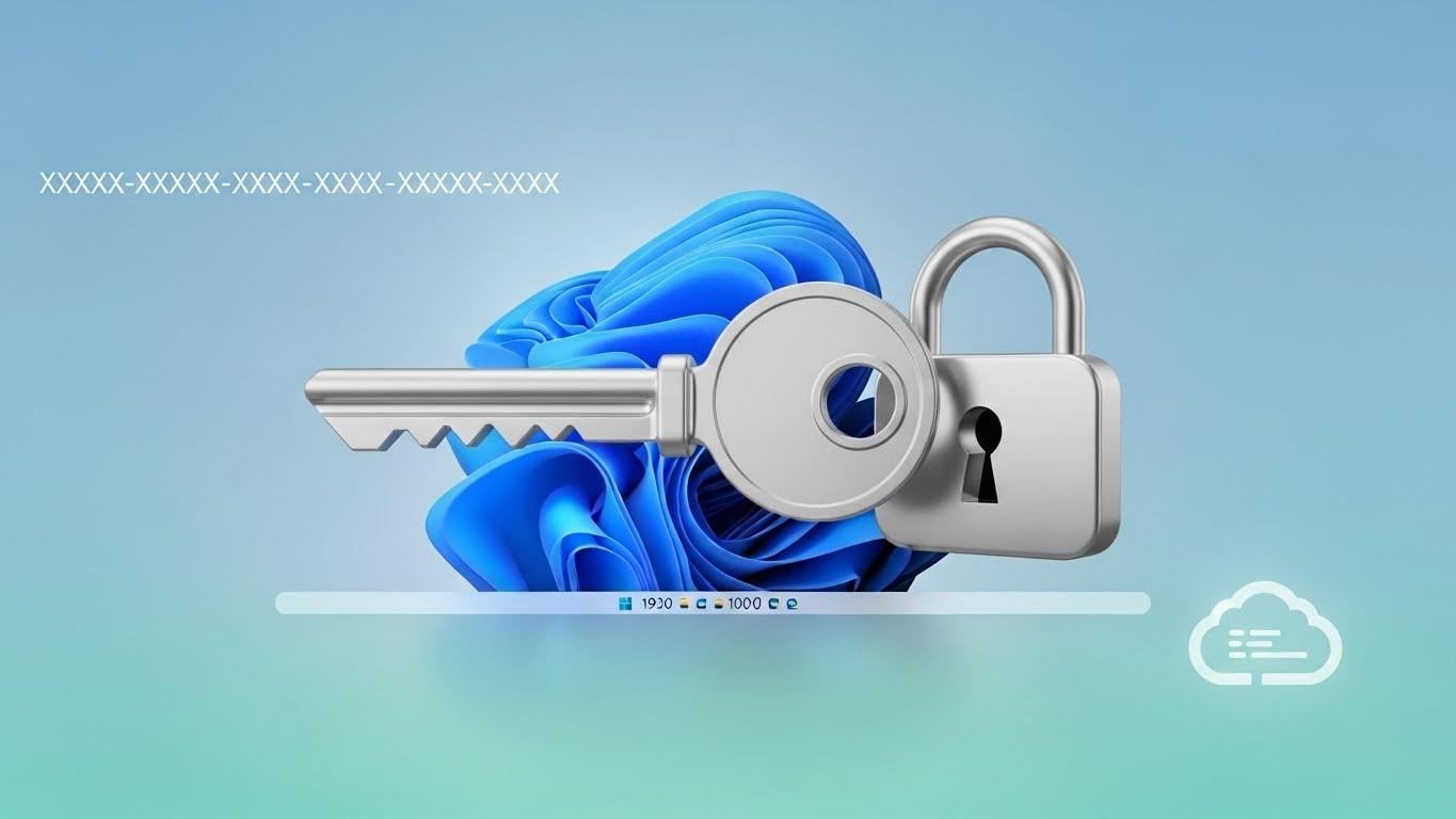 Windows 11のライセンス認証が完了したことを示す、鍵のアイコンとデジタルコードのグラフィック。