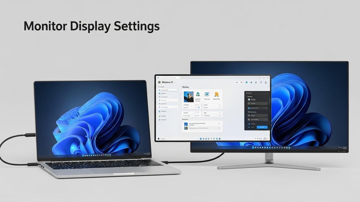 Windows 11の画面が映るノートパソコンと、それに接続された2台の外部モニター。マルチディスプレイ環境を示している。