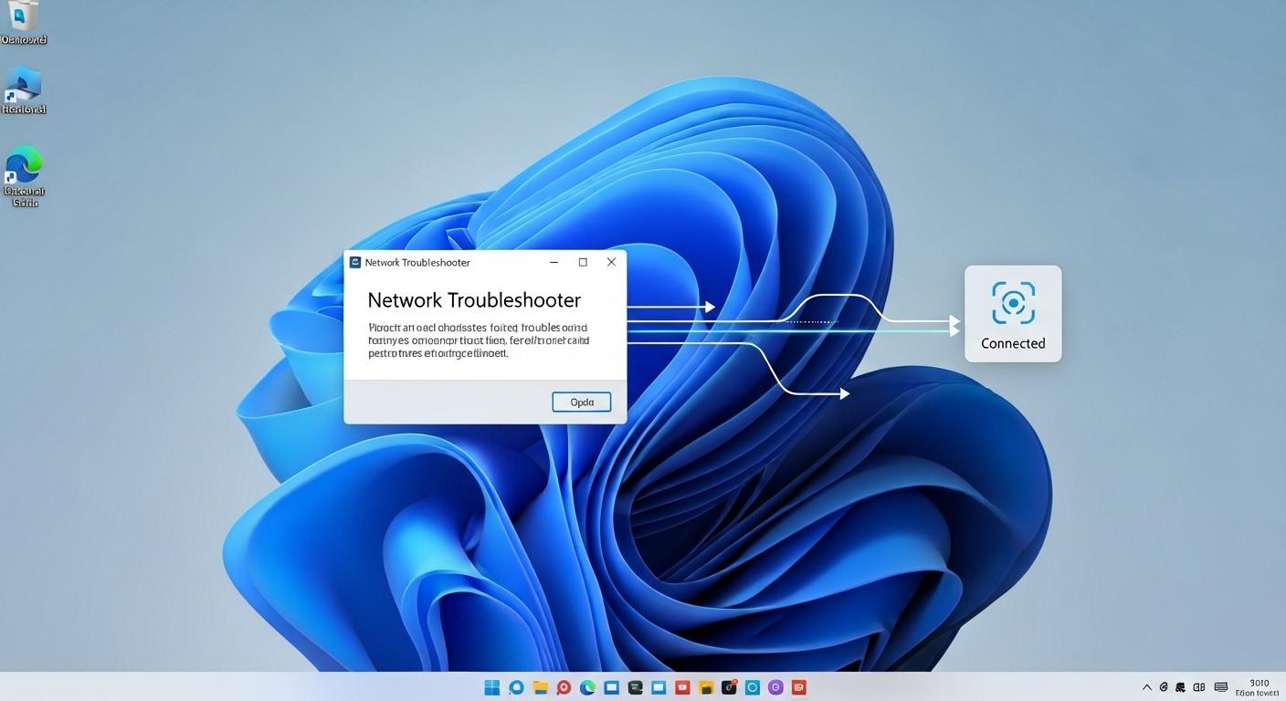 Windows 11の画面に表示されたネットワーク診断ツールのウィンドウと問題解決のフロー