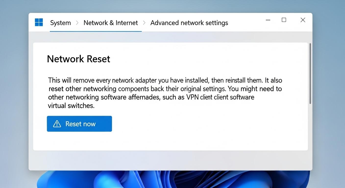 Windows 11のネットワークリセット機能の画面。