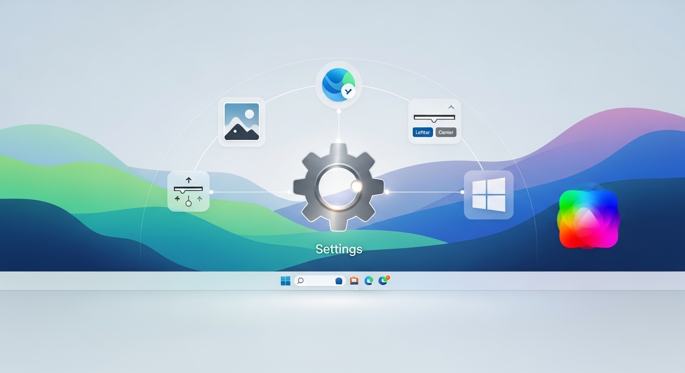 Windows 11のデスクトップ画面を背景に、壁紙、テーマ、タスクバー、スタートメニューのカスタマイズアイコンが浮かび上がっているイメージ。