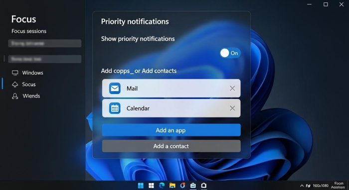 Windows 11の集中モード設定で優先通知をカスタマイズしている画面。