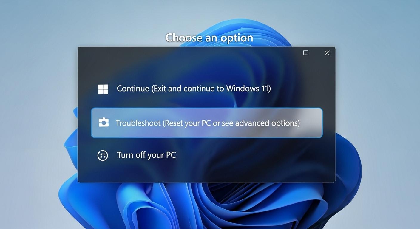 Windows 11の回復オプション画面でトラブルシューティングとPCのリセットが選択可能な様子。