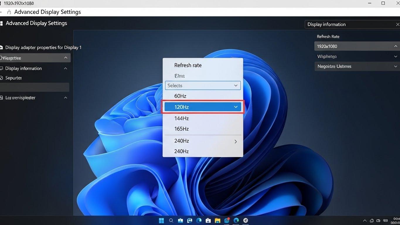 Windows 11の詳細ディスプレイ設定画面でリフレッシュレートが選択されている様子。