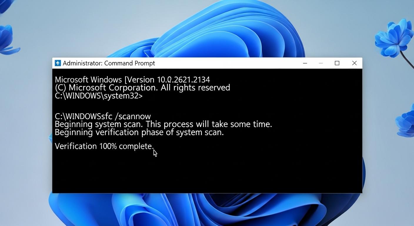 Windows 11の管理者権限のコマンドプロンプトでsfc /scannowを実行している画面。