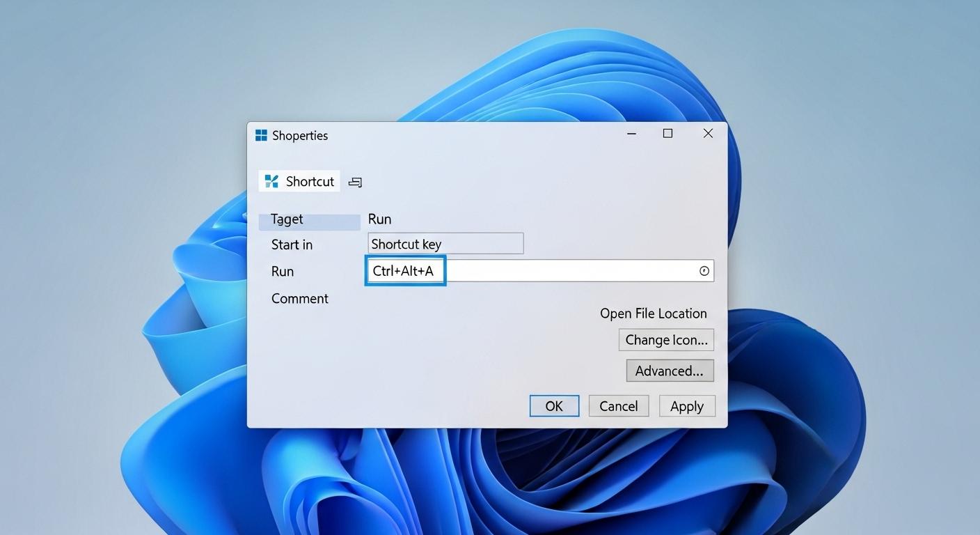 Windows 11でアプリのショートカットキーをカスタマイズしているプロパティ画面。