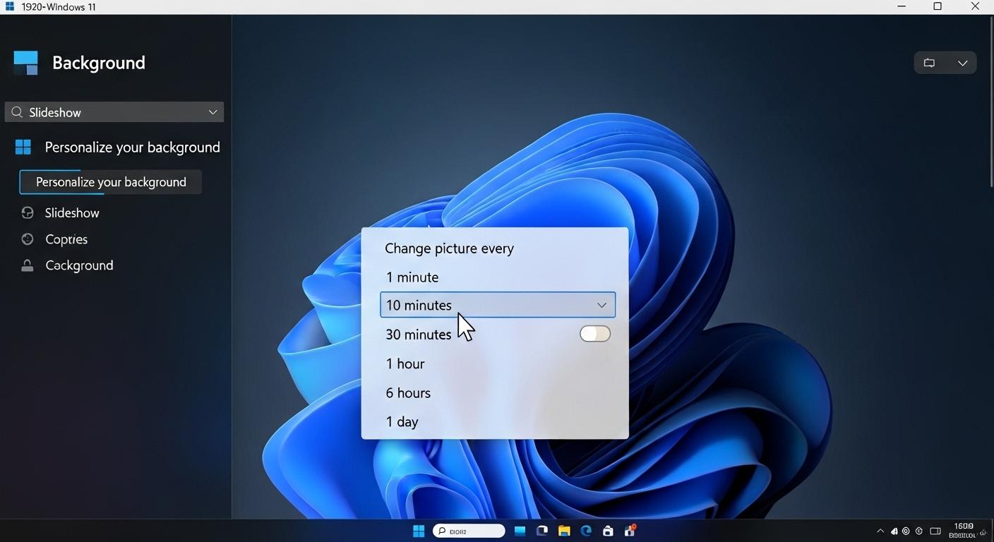 Windows 11の背景設定でスライドショーの間隔をプルダウンメニューで選択している様子。